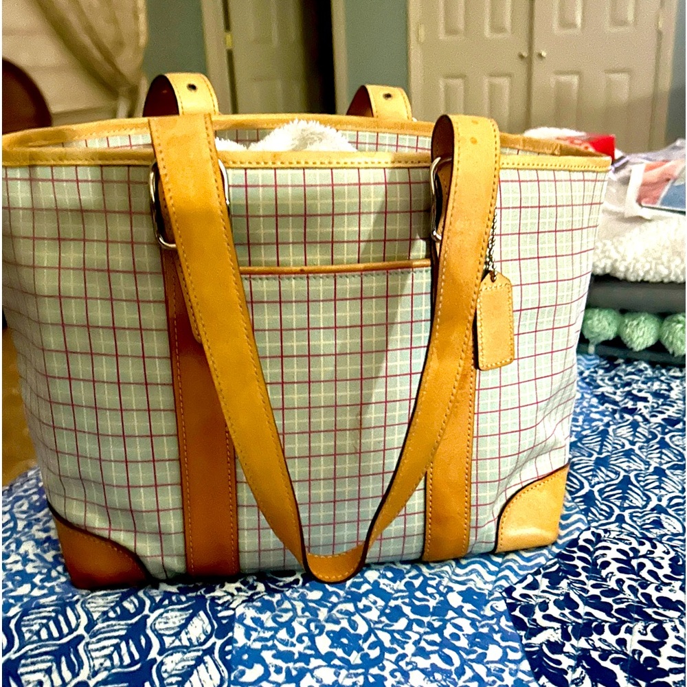 COACH Hampton Tattersall Tote Bag
Measures: 
Across: 25in Height: 9in Deep: 7in